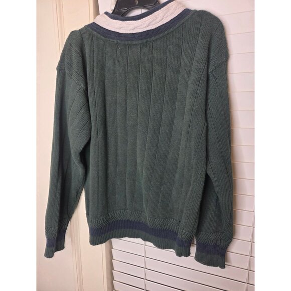 VTG Mens Sweater V-Neck Preppy Tennis Cricket Green Navy White Cable Knit - Picture 3 of 6